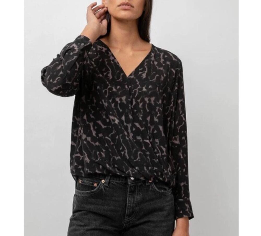 RAILS Black Diffused Cheetah Long Sleeve Surplice Hillary Faux Wrap Top Size S